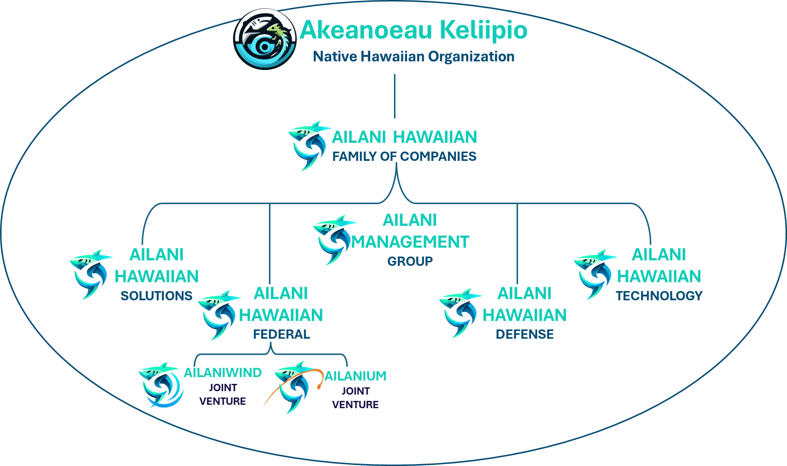 Organizational chart showing Akaneoau Kelipio and its divisions: Ailani Hawaiian family of companies, management group, solutions, federal, defense, technology, and two joint ventures.